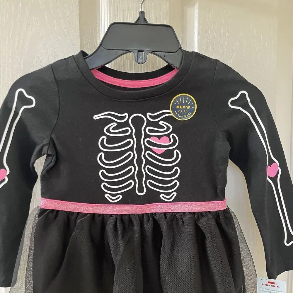 Cat & Jack Black Skeleton Halloween Tulle Dress Glows In The Dark Girls 3T NWT